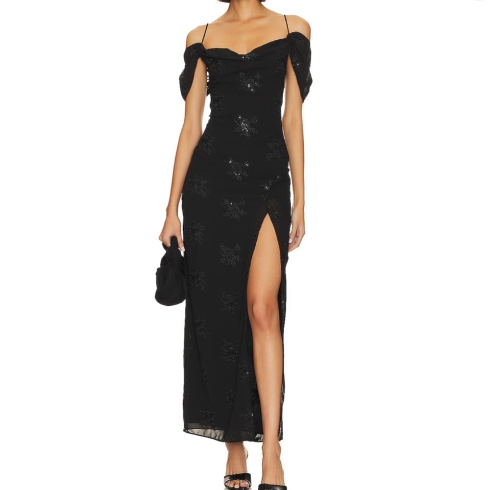 LPA Yvanna Embroidered Maxi Dress in Black